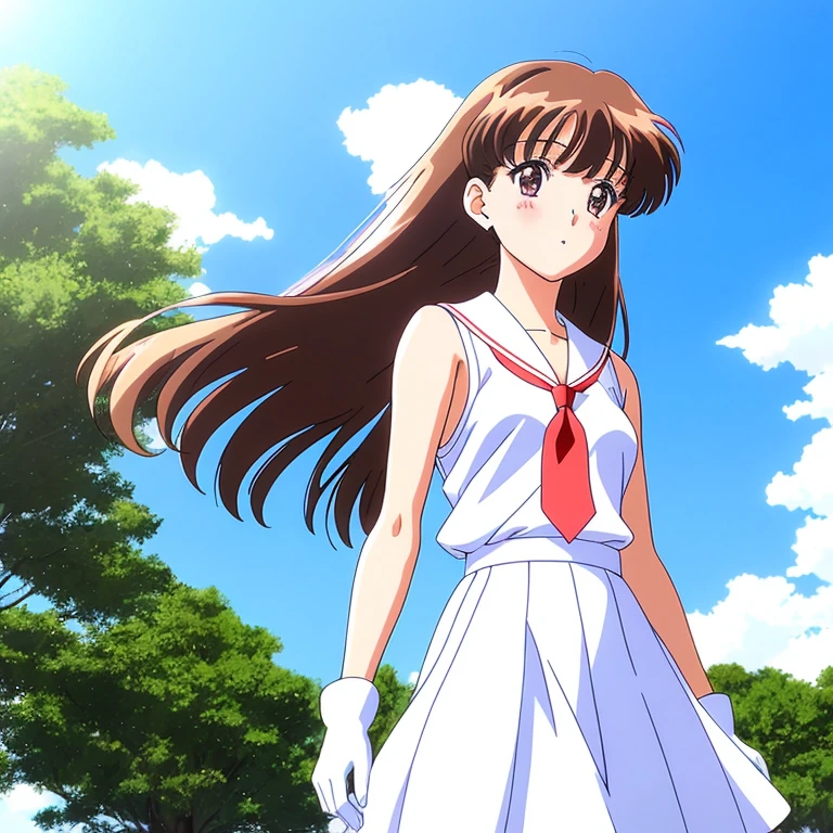 retro anime, 2000s anime, 2000s anime, early 2000's inspired anime, early 2000's esthetics, solo, 1girl, masterpiece, best quality, brown eyes, long brown hair, blunt bangs, brown eyes, steaming, (freckles:0.8), collarbone, exposed shoulders, small breasts, a girl in a white dress and red tie standing in front of a blue sky, twintails, white_gloves, anime visual of a cute girl, :o, confused, (?)
