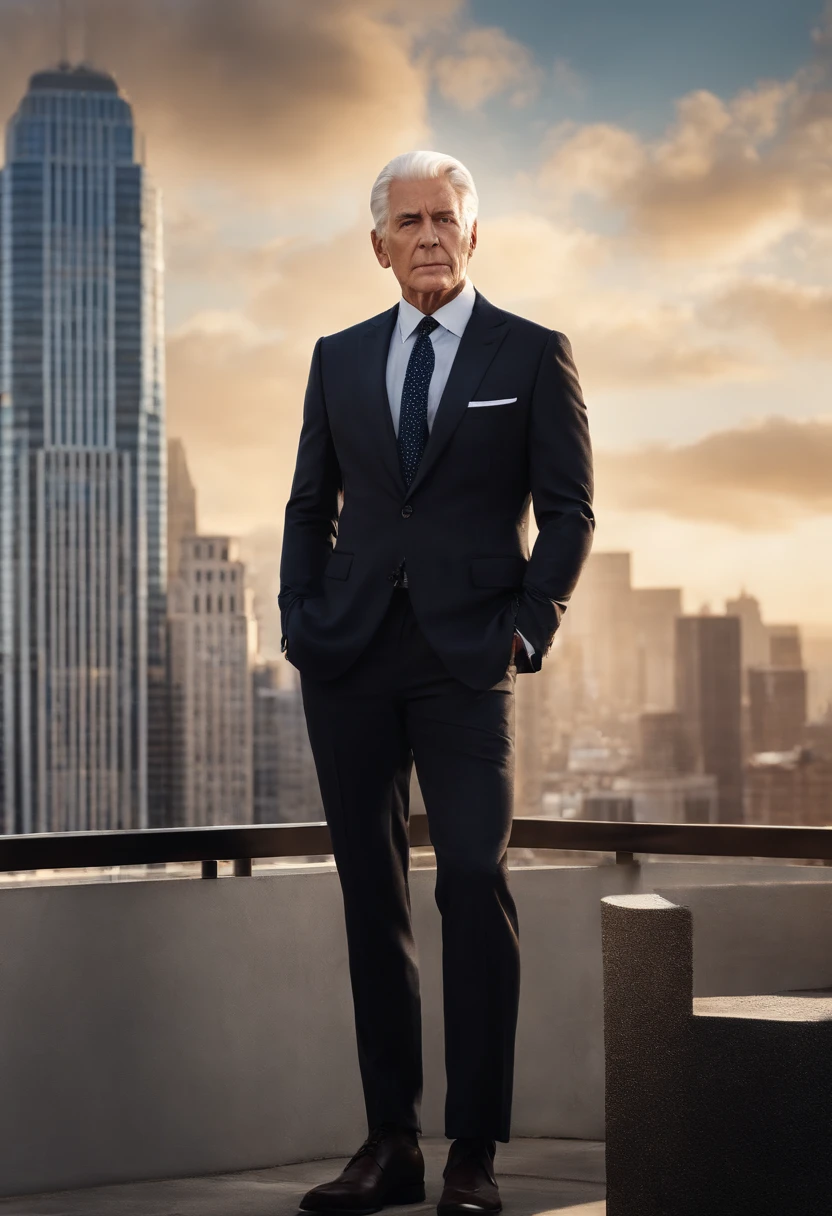 A photo of Logan overseeing the city's movements from a private rooftop,original,Logan Roy, the fictional patriarch in “Succession,” possesses a commanding presence, characterized by his tall stature, sharp suits that speak to his power and wealth, and an often stern, unyielding facial expression. His aging appearance, marked by a full head of white hair and a penetrating gaze, adds to his intimidating demeanor., male