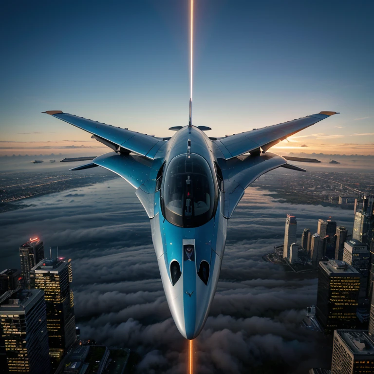 a flying car, futuristic, sleek design, metallic body, aerodynamic shape, hovering in the sky, powerful engines, advanced technology, levitating, fast and agile, gliding effortlessly, cutting edge, streamlined, bright lights, high-tech cockpit, flying above the clouds, urban landscape, bustling city, skyscrapers, busy traffic, amazed bystanders, vibrant colors, realistic and detailed, HD resolution, professional quality.