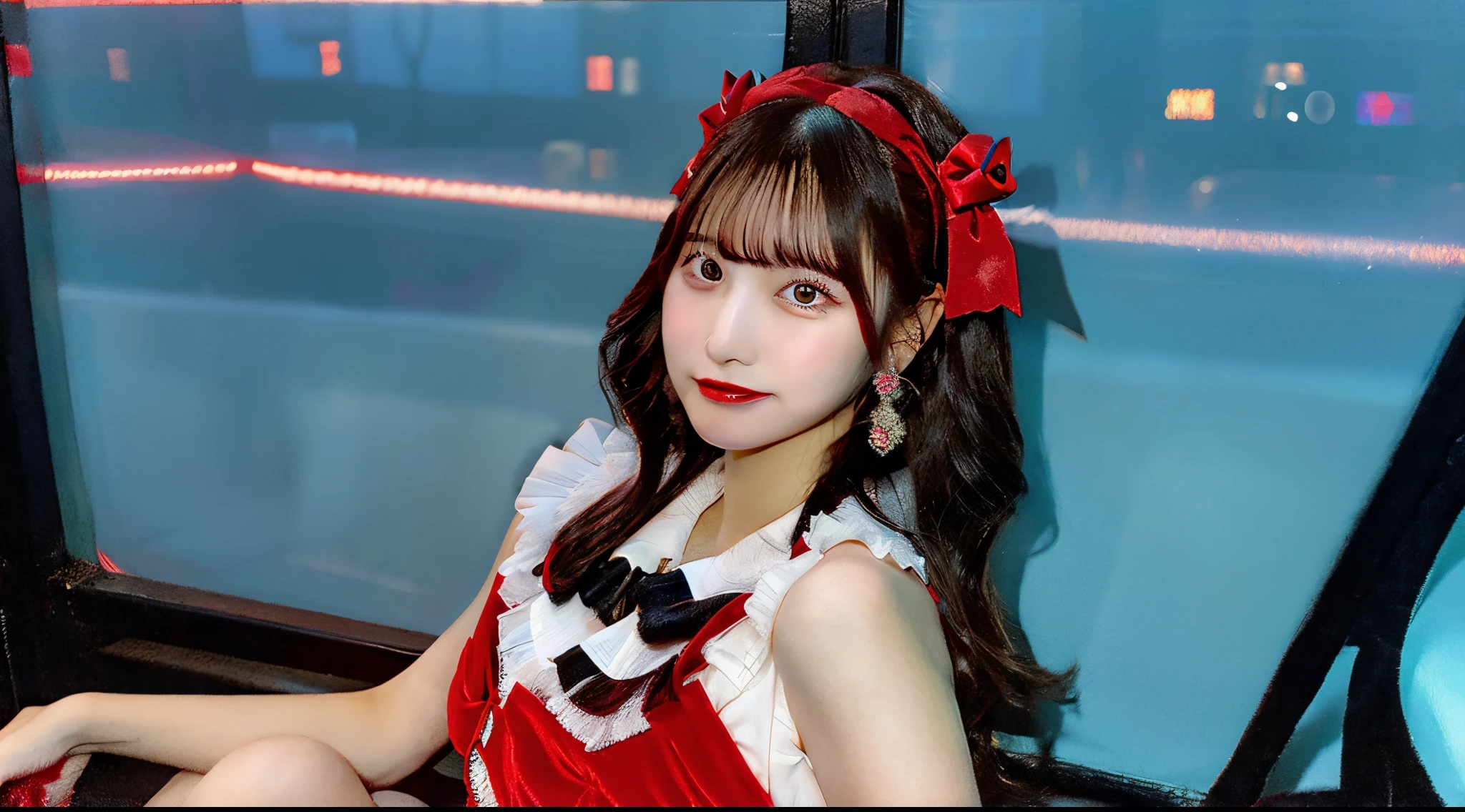 Cute cabaret club girl, 18 years old, wearing a red miniskirt dress