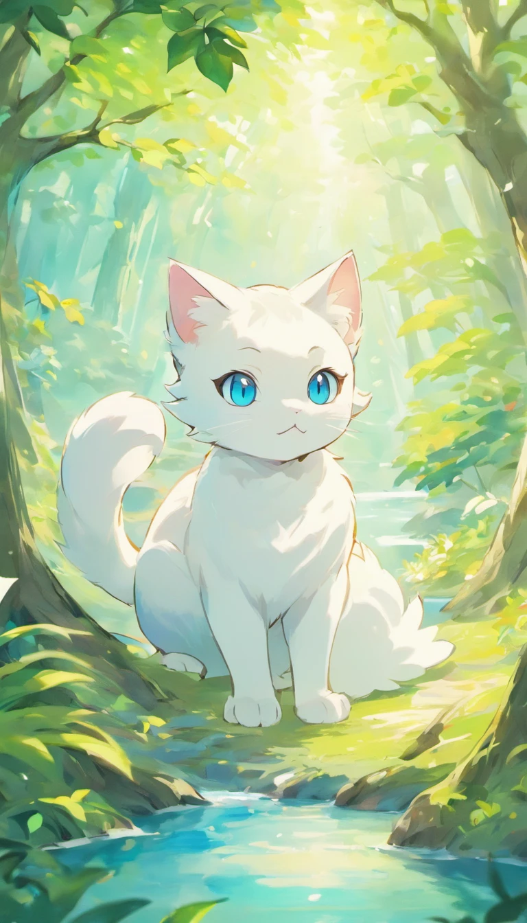 White cat、Blue eyes、sidelong glance、Inside a fantastic forest with a large lake in the background、Elegance、narrow her eyes、Fantastical、hali々and has、Condescending、Go straight towards the tree branch