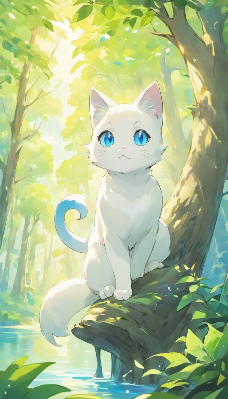 White cat、Blue eyes、sidelong glance、Inside a fantastic forest with a large lake in the background、Elegance、narrow her eyes、Fantastical、hali々and has、Condescending、Go straight towards the tree branch