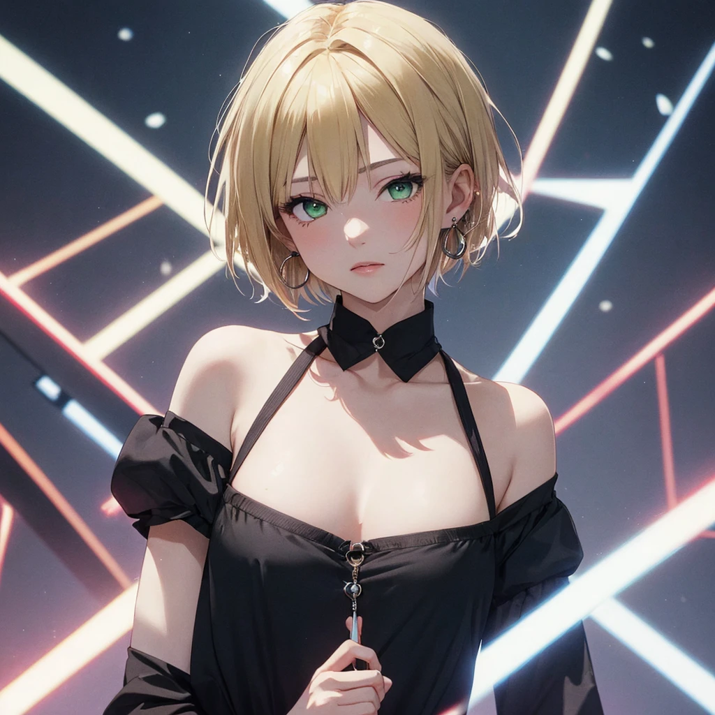 (nmasterpiece,masutepiece)best qualtiy,Best Quality,Figure(main character),(1girl in:1.5),(Green eyes),(blonde hair+Short-cut hair:1.3),closes mouth,耳Nipple Ring,(Round earrings:1.1),(jewely:1.1),Pitch black background,Look at the audience at eye level,chemise,symple background,独奏,(The upper part of the body:1.1),jet black shirt,maximalism。
A little clear、Colorful