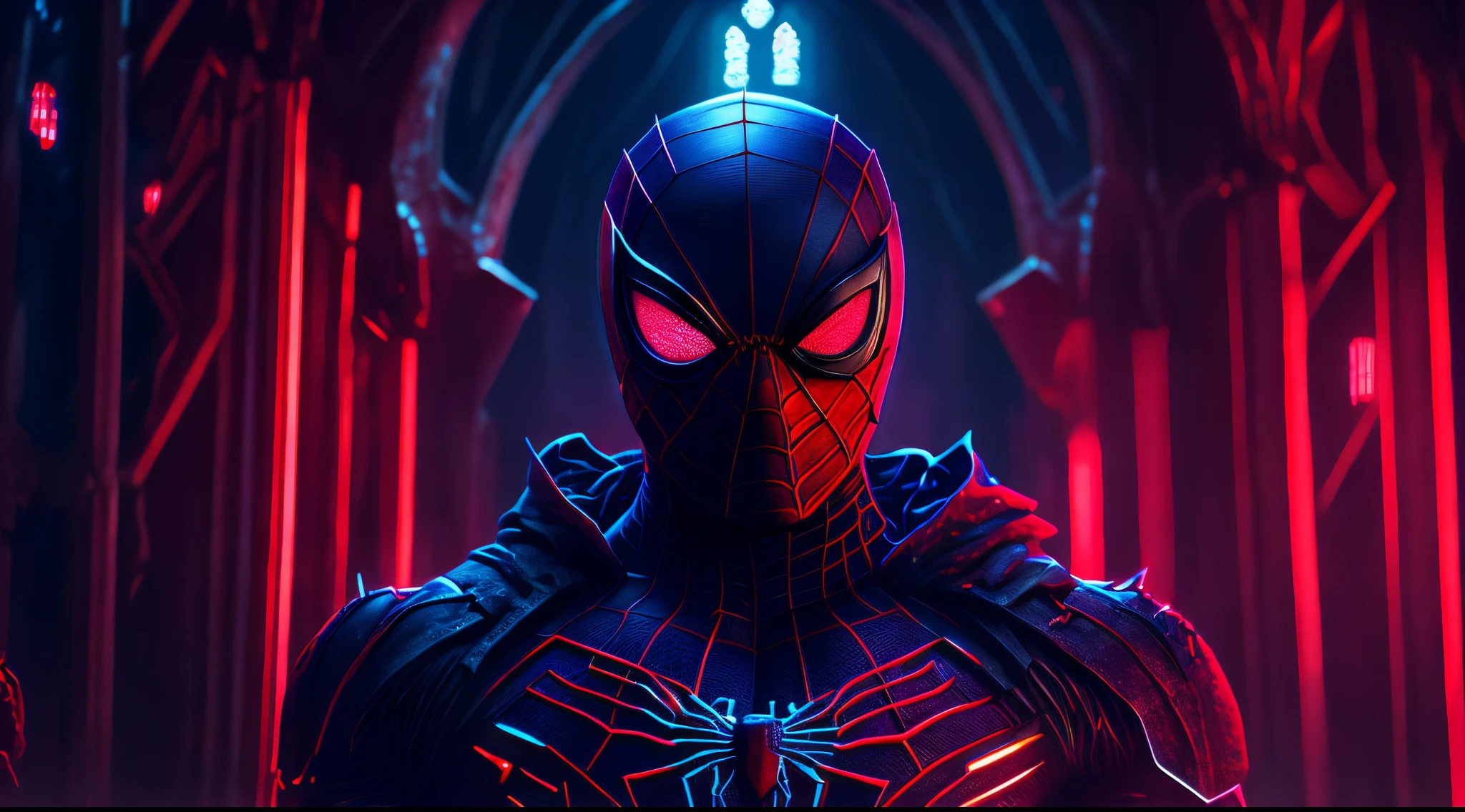 gloomy portrait of Bloody Spider-Man from Marvel with intricate angular cybernetic implants inside a brutalist building, gothic brutalist cathedral, cyberpunk, award-winning photo, bokeh, neon lights, cybernetic limb , 8k ultra High quality , very detailed image,