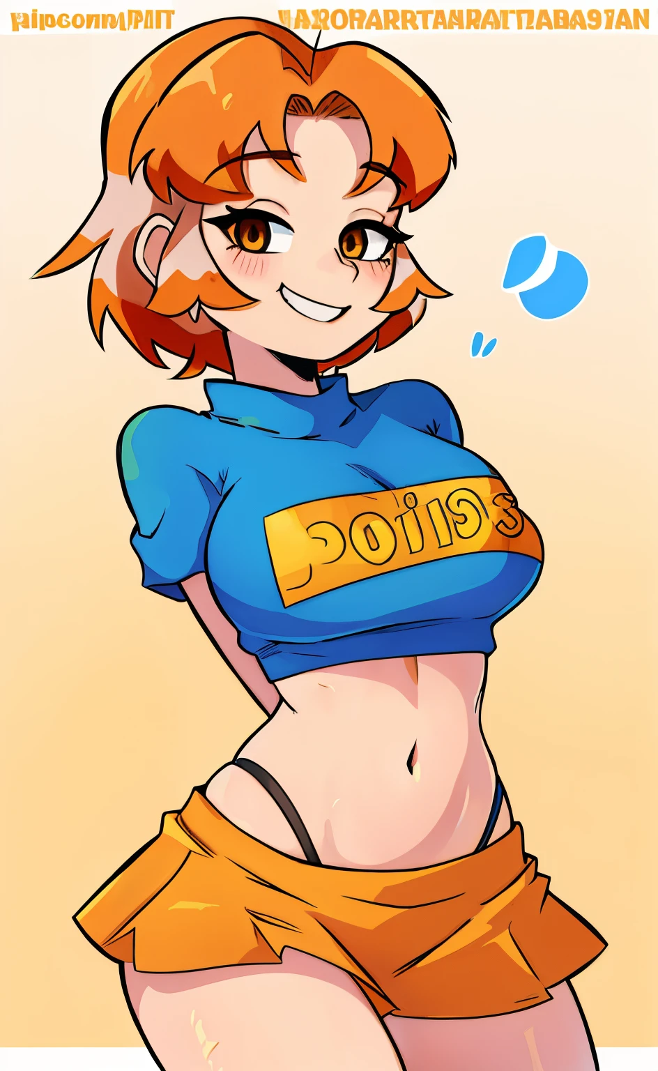 Sexy smiling anime girl with short orange hair and big boobs posing in crop top sweater and mini skirt