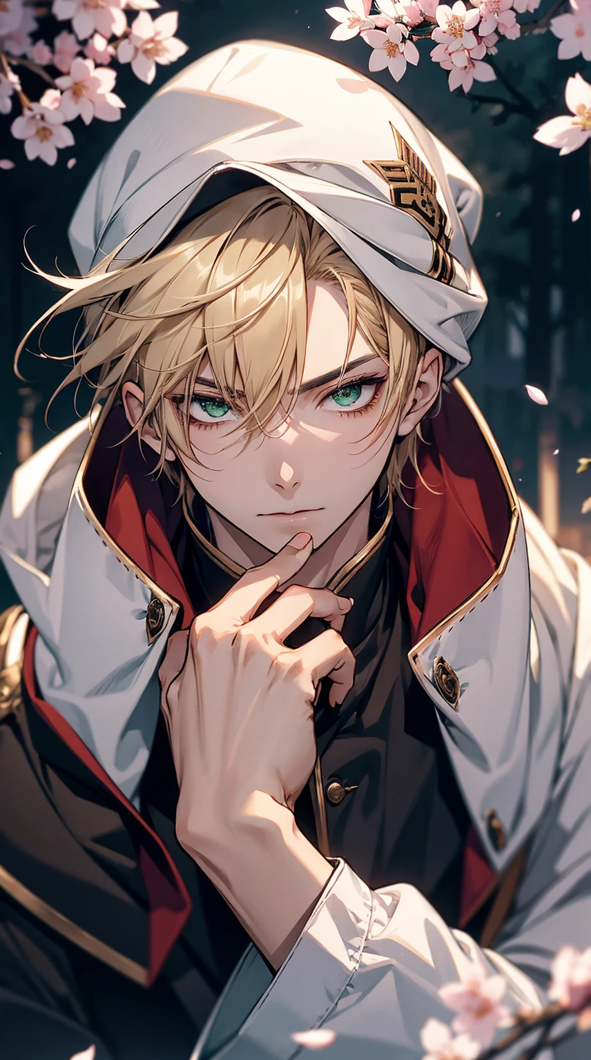 Japanese style,[Touken ranbu], [Yamanbagiri Kunihiro],serious expression,cherry blossoms,ung guy,wearing a hood on his head,best quality, more details, masterpiece, green eyes, portrait, male focus, solo, moonlight, fantastic, nail polish, blonde hair, short hair,luxurious, 8k, detailed, ray tracing, depth of field, cinematic lighting,cool face,