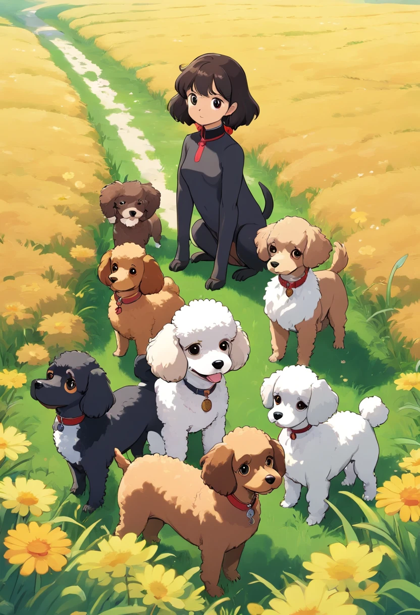 grass field,White toy poodle,Brown toy poodle,Flesh-colored toy poodle,Black Shepherd,brown cavalier,black and white cavalier,Dogs in line,yuki