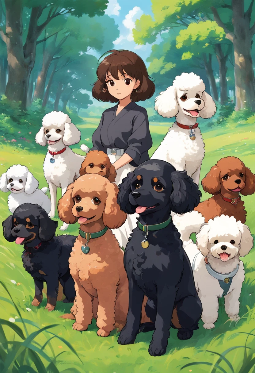 grass field,White toy poodle,Brown toy poodle,Flesh-colored toy poodle,Black Shepherd,brown cavalier,black and white cavalier,Dogs in line,yuki