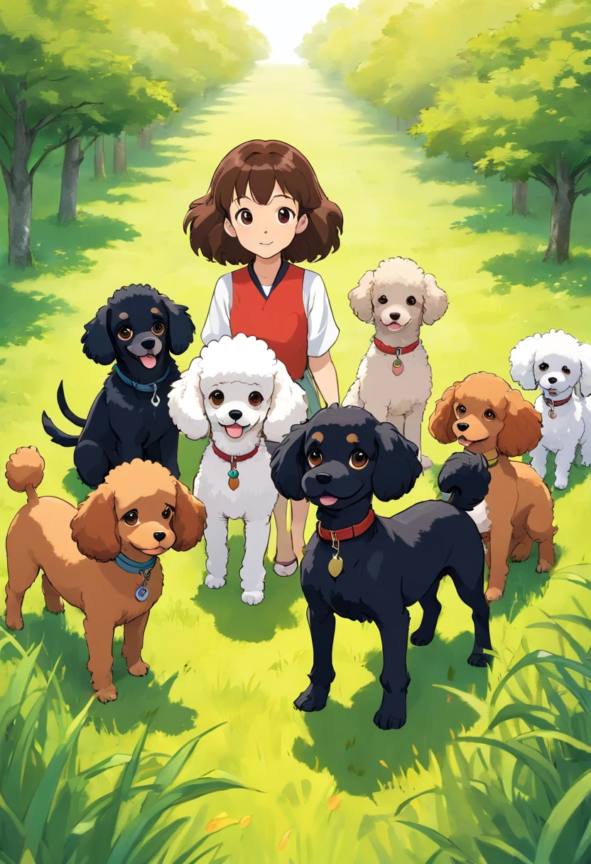 grass field,White toy poodle,Brown toy poodle,Flesh-colored toy poodle,Black Shepherd,brown cavalier,black and white cavalier,Dogs in line,yuki
