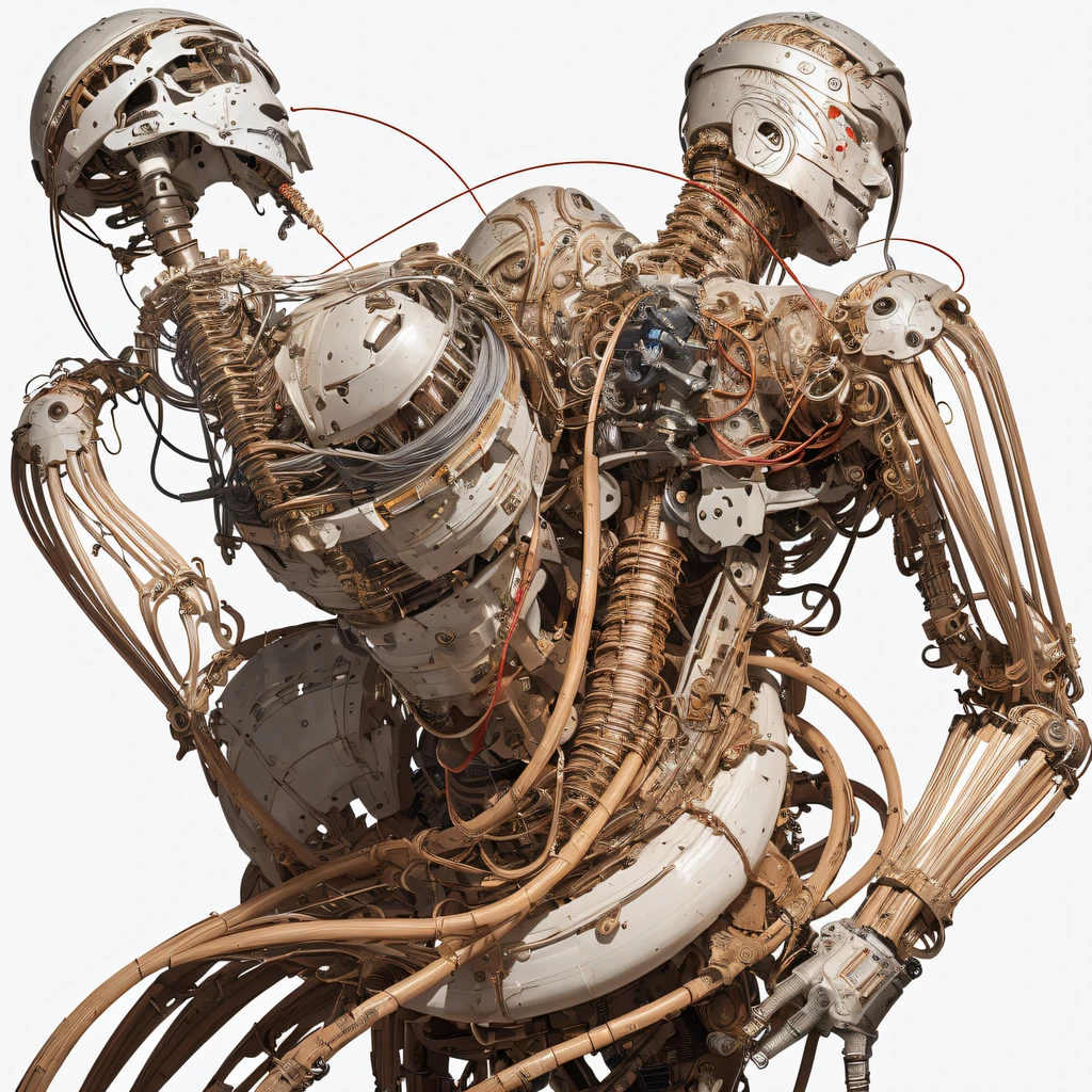 bald young man with black beard and very thin, robotic torso, robotic arms, robotic parts, plugged into machinery, recharging, (art inspired by Bill Sienkiewicz). oil painting)