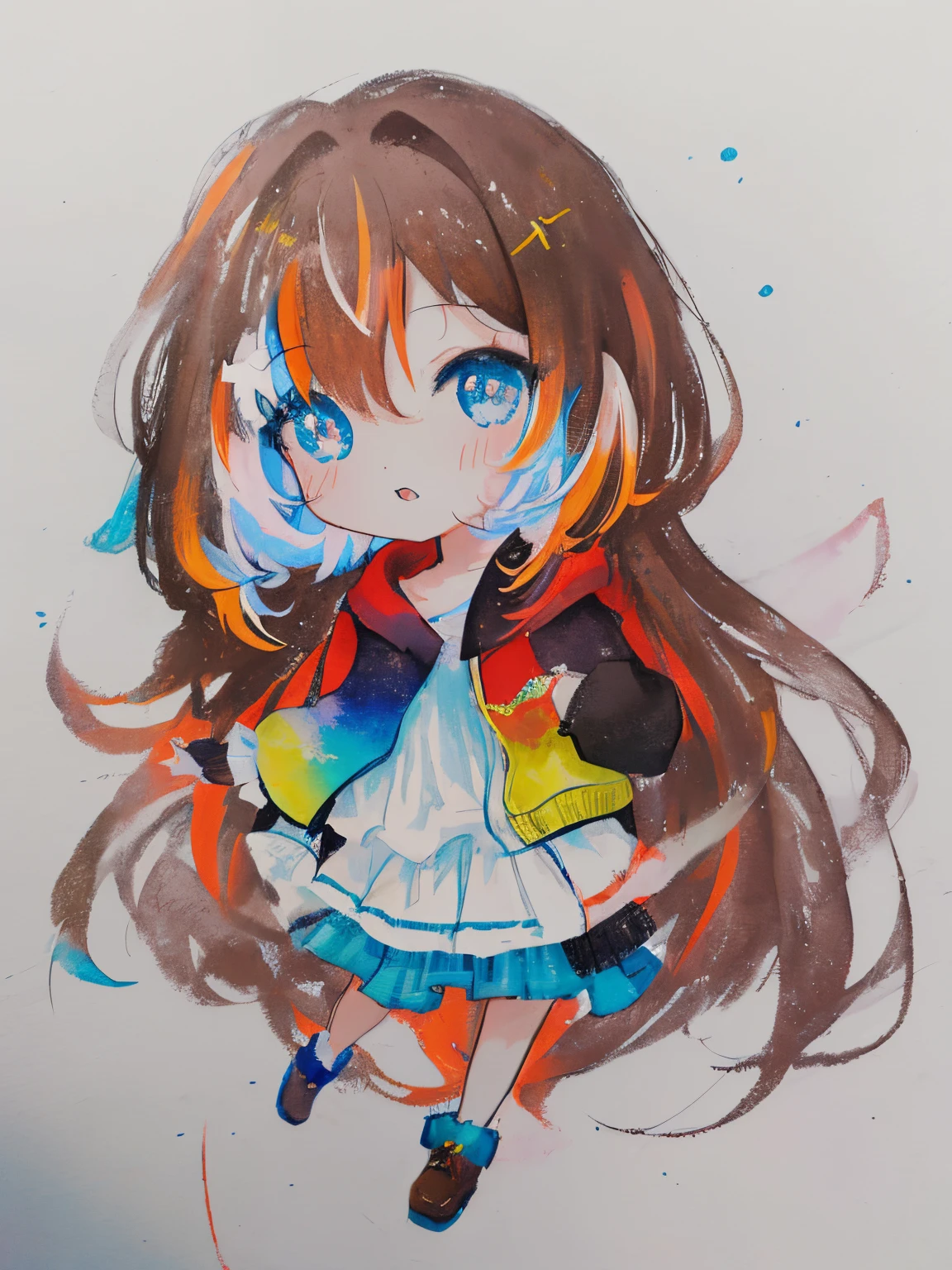 um desenho de uma garota com cabelo comprido e gravata borboleta, small curvy loli, Estilo de arte Mihoyo, colorful sketch, Aquarela Nendoroid, anime moe artstyle, Anime Chibi, menina chibi, colorful manga, colorful sketch, Sayori, menina anime, um desenho de anime, inspirado em Yuki Ogura, inspirado em Inoue Naohisa