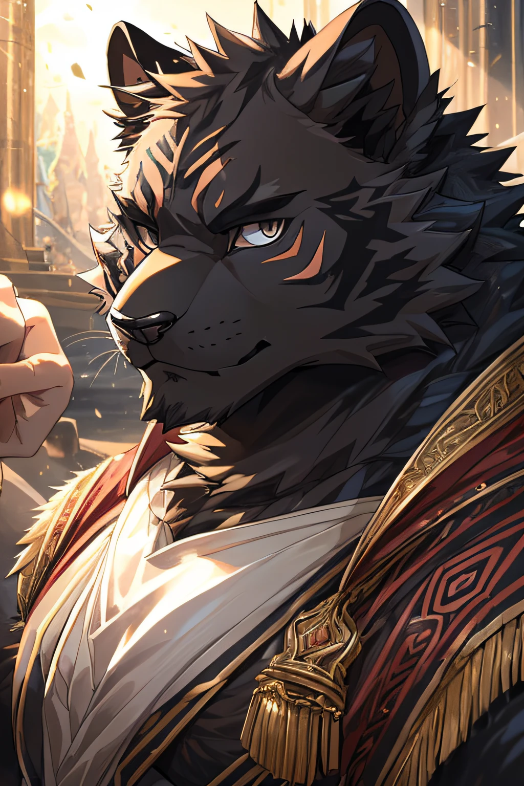 (Best quality), (tmasterpiece), (ultra - detailed), niji, The eye, 黑The eye, hairy pubic hair, Alone, (Black fur:2), personal profile picture, human character (one tiger), male people, (one tiger), Middle age, Muscle tissue, magic clothes, Super detailed face,(facing at the camera:1.5),(Without expression:1.3)