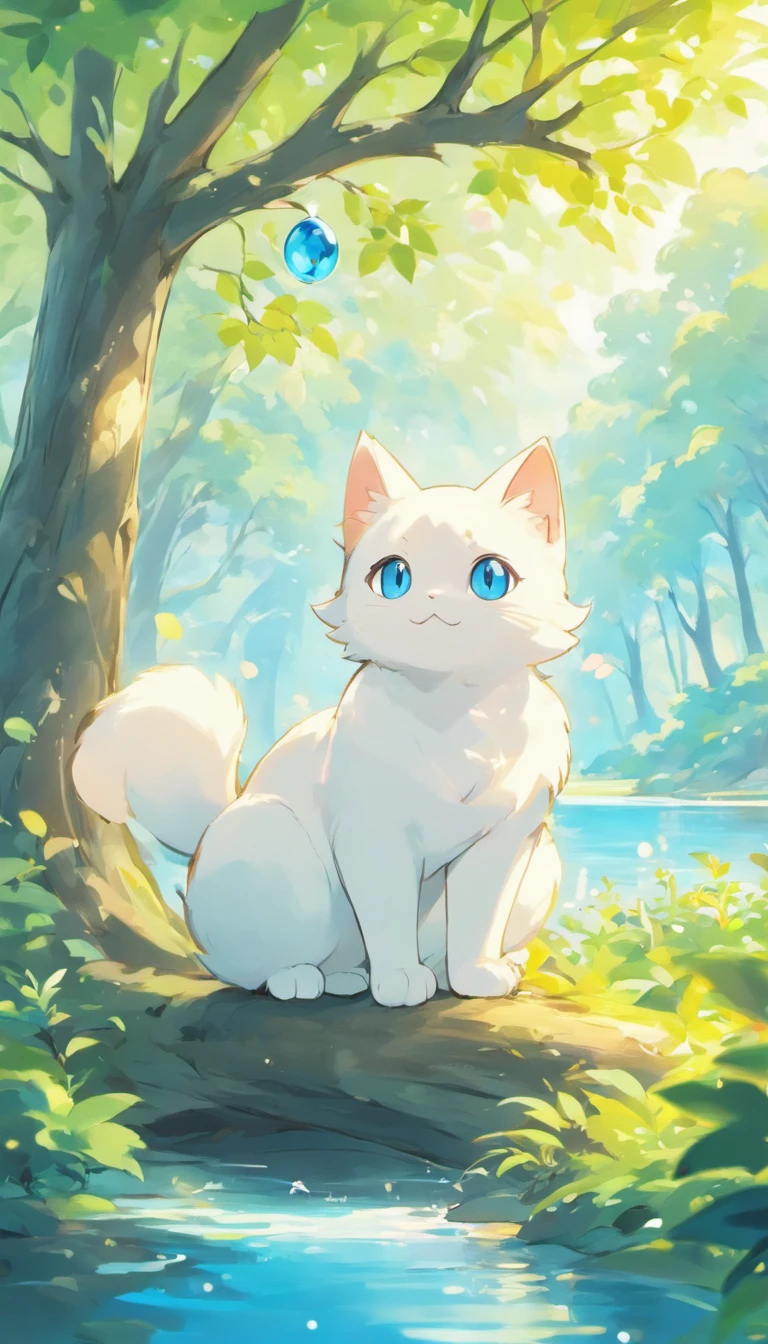 White cat、Blue eyes、sidelong glance、Inside a fantastic forest with a large lake in the background、Elegance、narrow her eyes、Fantastical、hali々and has、Condescending、Go straight towards the tree branch