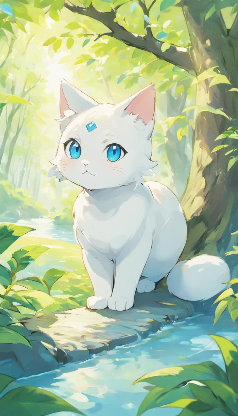 White cat、Blue eyes、sidelong glance、Inside a fantastic forest with a large lake in the background、Elegance、narrow her eyes、Fantastical、hali々and has、Condescending、Go straight towards the tree branch