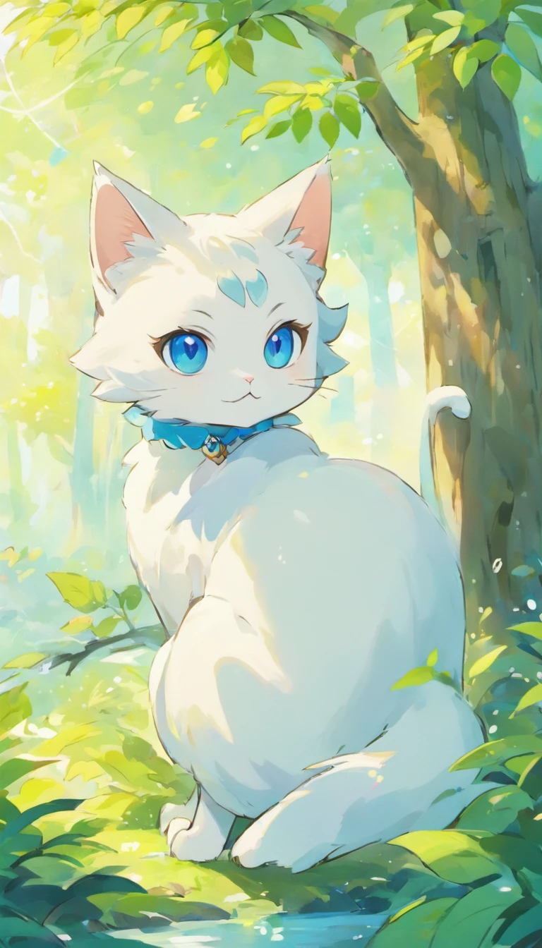 White cat、Blue eyes、sidelong glance、Inside a fantastic forest with a large lake in the background、Elegance、narrow her eyes、Fantastical、hali々and has、Condescending、Go straight towards the tree branch