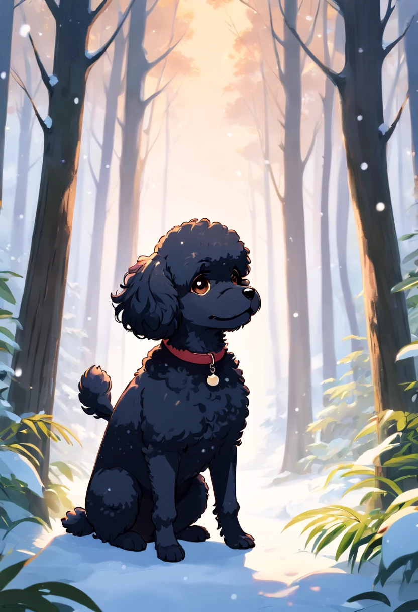 small black and brown toy poodle, slender and graceful,, fluffy fur, Licking feet sitting in the forest in super definition and super high resolution、It's snowing