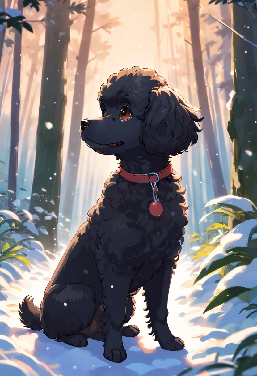 small black and brown toy poodle, slender and graceful,, fluffy fur, Licking feet sitting in the forest in super definition and super high resolution、It's snowing