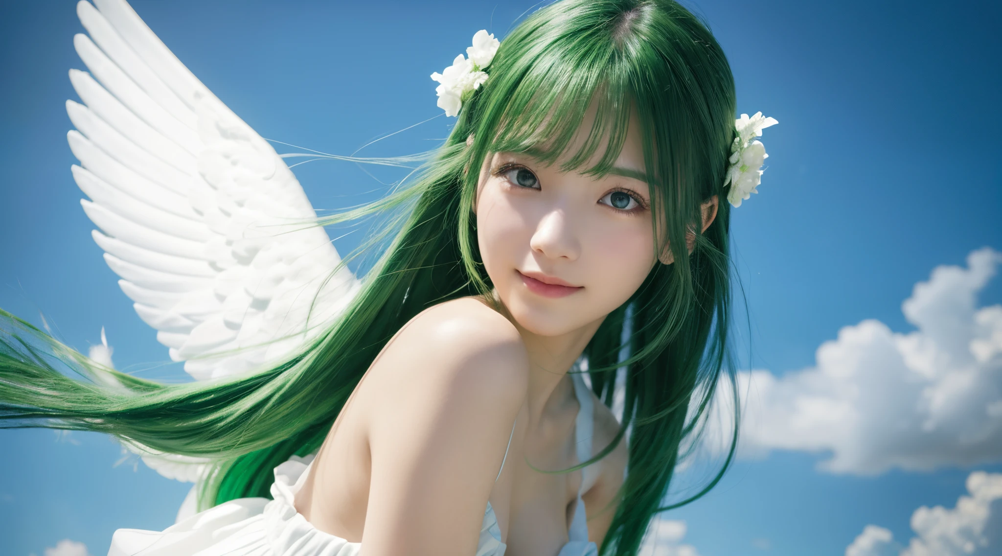(top-quality,8K picture quality,​masterpiece:1.3,),(超A high resolution,Photorealsitic:1.4,Raw photography),(ultra-detailliert,Caustics,perfect anatomia),(Ultra-realistic capture,Beautifully detailed skin),A girl flying in the sky with big angel wings on her back,Floating in the air,green colored hair,smil,stares at the camera,Simple white dress,(Low position:1.1),(low angles:1.1),Skysky,​​clouds,natural soft light