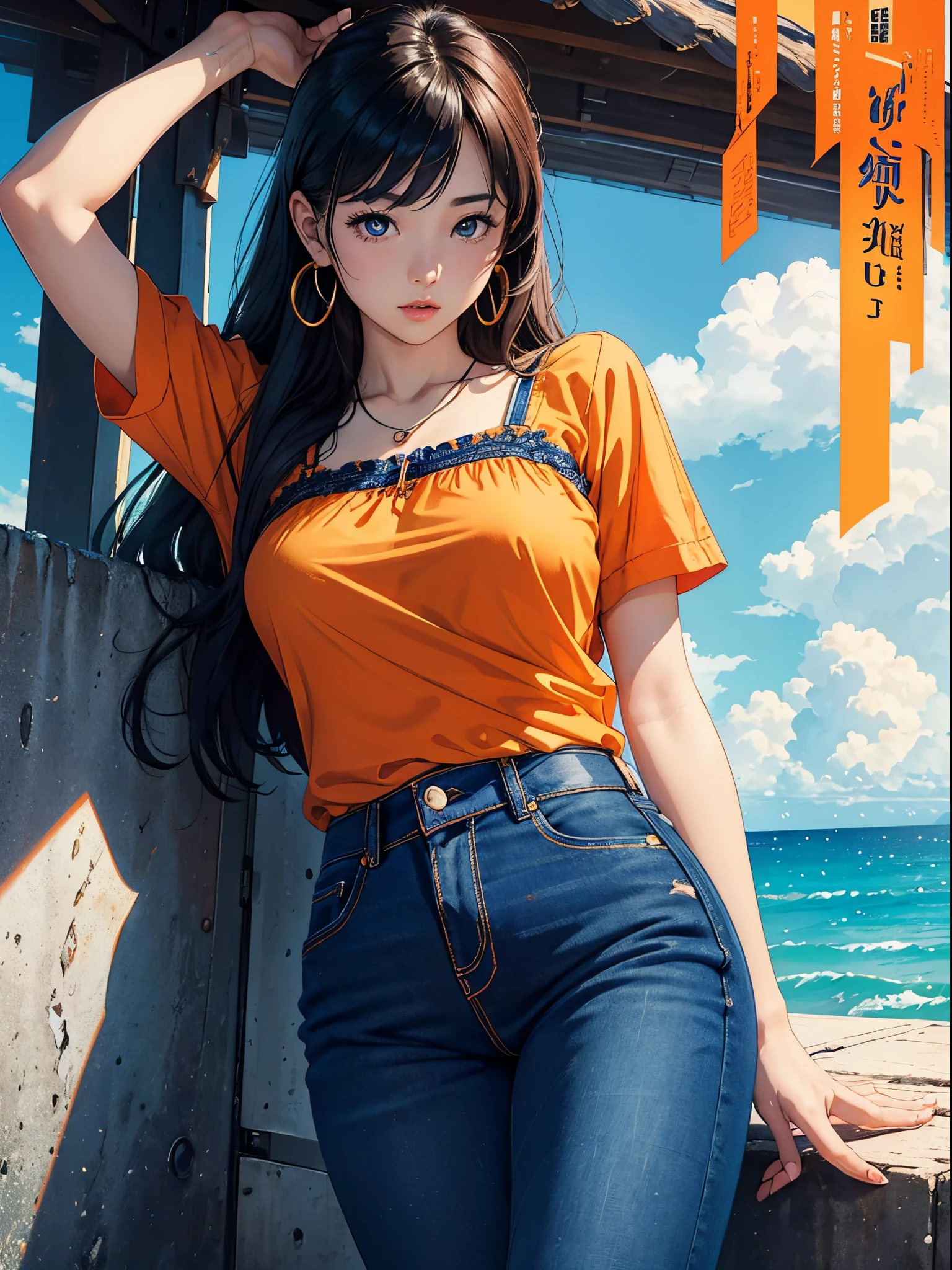 Orange and Indigo Keynote Speech、Vibrant colors、((​masterpiece)))、(((top-quality)))、((ultra-detailliert))、(A hyper-realistic)、(highly detailed CGillustration）、Official art、CD cover、seaside、It will be、Mid summer、Stylish、glorious 1980s、Cool Beauty、cochetti gorgeous、matchless beauty、Camisole、jeans、Female Solo、Perfect Angle、perfect-composition、