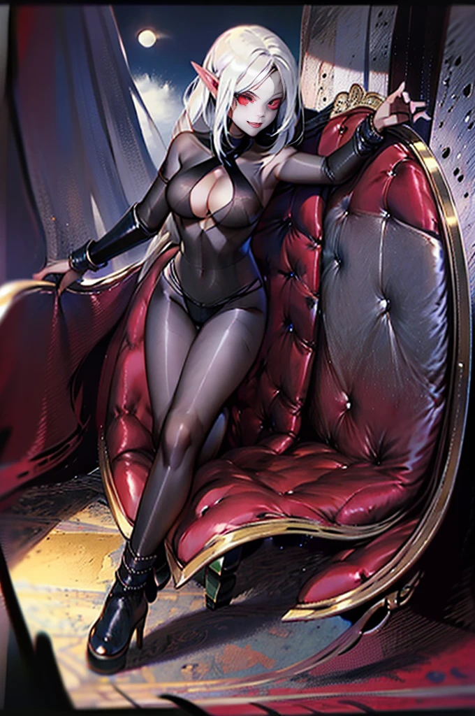 FULL BODY, STANDING STRAIGHT, BLACK BOOTS, CLEAVAGE, warhummer 40000, adepta sororitas, girl, 1 person, beautiful face, a beautiful face, the perfect face, sister battle, bolter, warhummer 40000 style, fair complexion, black elf woman around 19 years old, natural white hair, distinctive red ruby eyes, perfect eyes, golden crown, fair skin, night, moon, moonlight, sake, drunk, grin, seductive look, sitting, a beautiful face, the perfect face,