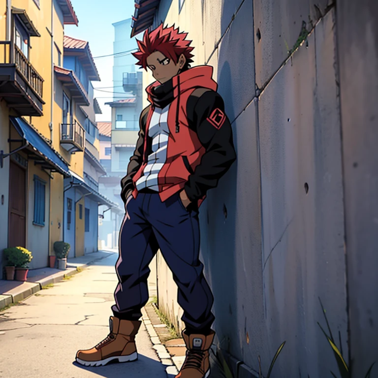 ((arte estilo anime)), imagem superior, angulo de cima para baixo, personagem masculino extremamente musculoso, corpo de bodybuilder, wearing a long-sleeved blouse with hood covering the head, Natsu Dragneel Character is leaning against a wall with his hands in his pockets, Scenery of the Urban Center, rua movimentada, constructions, pessoas e veiculos. Personagem protagonista de anime, imagem bonita, disco Rigido, 4k, Natsu Dragneel character leaning against a wall with his hands in his pockets, (((imagem angulo superior)))