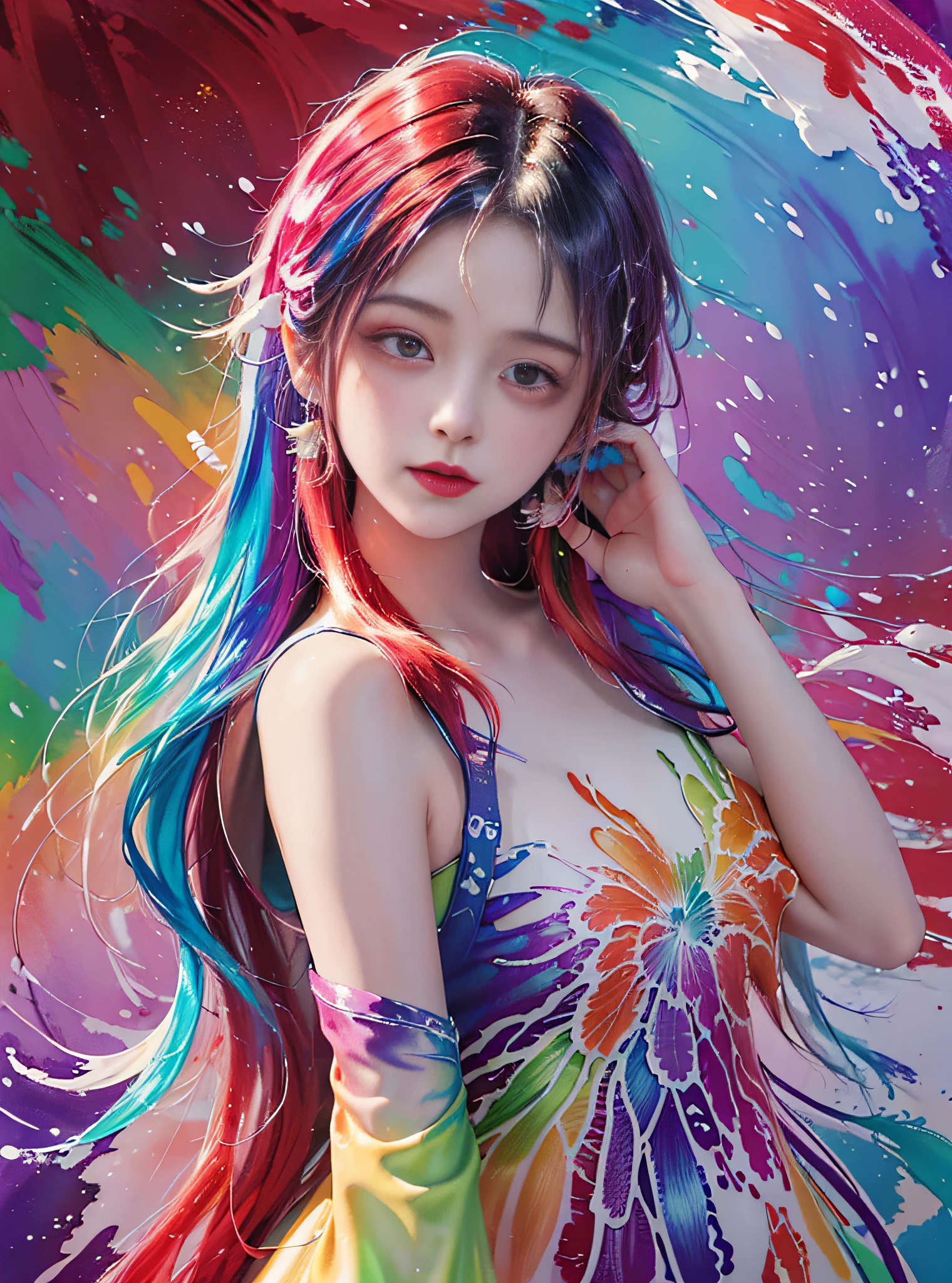 (masutepiece, Highest Quality, High resolution), The background is fractal art, Rainbow colors, ((Paint splashes, Color splash, Ink splash, Color splash)), (Fractal Art), Sweet Chinese Girl, rainbow-colored hair, Peach Lips, front, Upper body