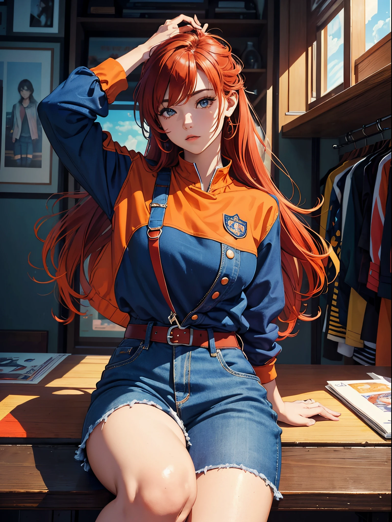 Orange and Indigo Keynote Speech、Vibrant colors、((masterpiece)))、(((top-quality)))、((ultra-detailliert))、(A hyper-realistic)、(highly detailed CGillustration)、Official art、CD cover、glorious 1980s、Mid summer、Cool Beauty、cochetti gorgeous、matchless beauty、red hairs、jaket、Blue jeans、Female Solo、Perfect Angle、perfect-composition、full body Esbian
