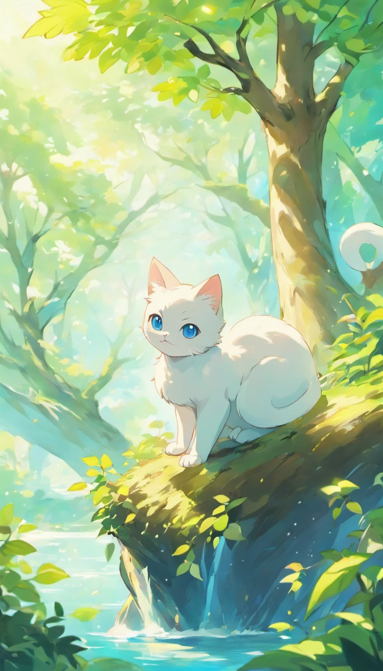 White cat、Blue eyes、sidelong glance、Inside a fantastic forest with a large lake in the background、Elegance、narrow her eyes、Fantastical、hali々and has、Condescending、Go straight towards the tree branch