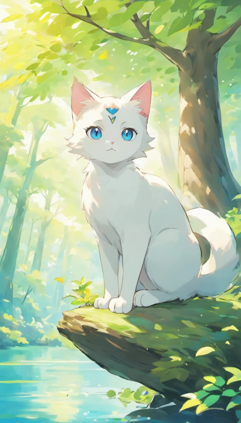 White cat、Blue eyes、sidelong glance、Inside a fantastic forest with a large lake in the background、Elegance、narrow her eyes、Fantastical、hali々and has、Condescending、Go straight towards the tree branch