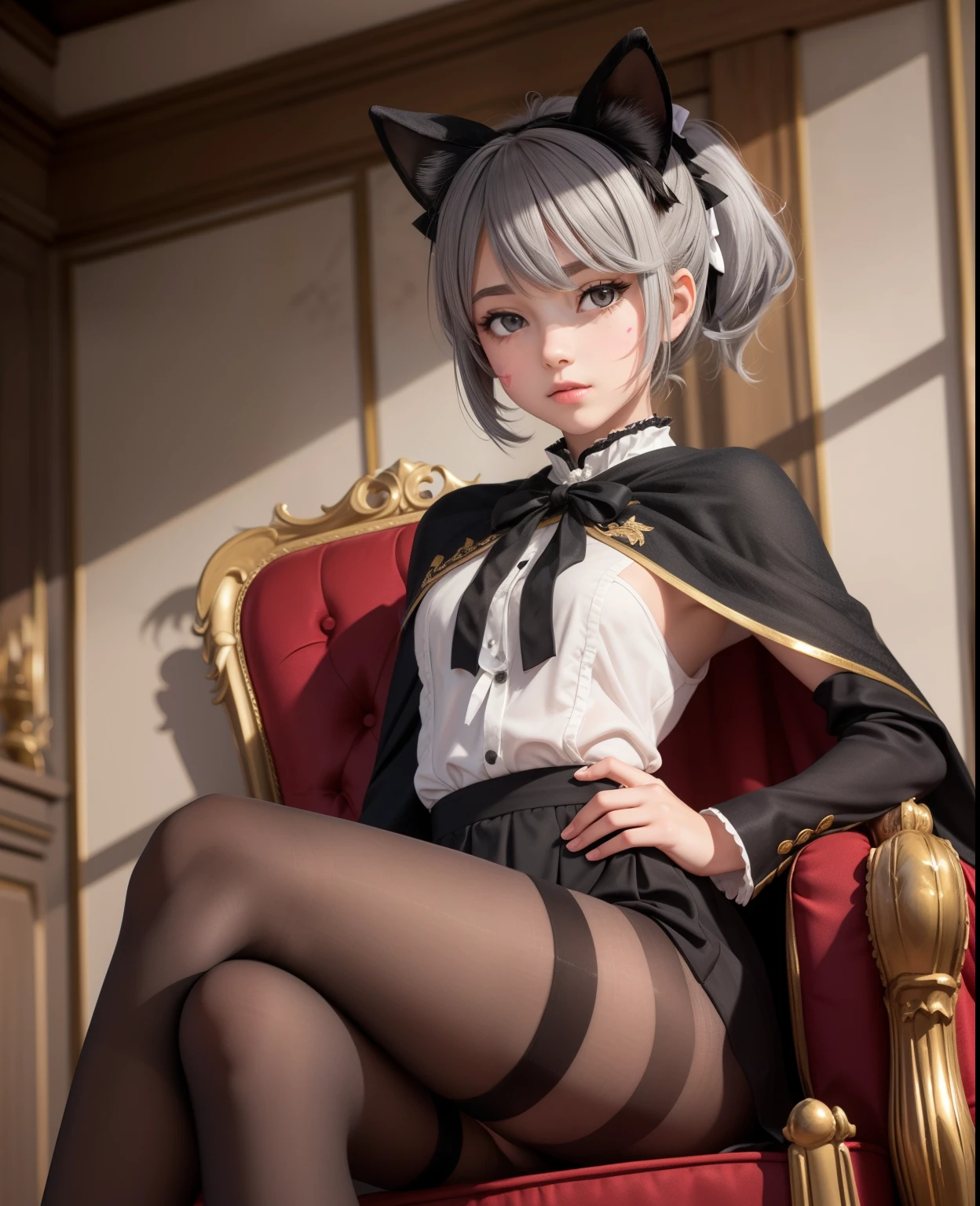 a sightly  girl sitting on a  throne,  crossed legs,  1girl,lynette,hair bow,animal ears,grey hair,short hair,facial mark, bow,ribbon,capelet,black pantyhose, low ponytail, tail,