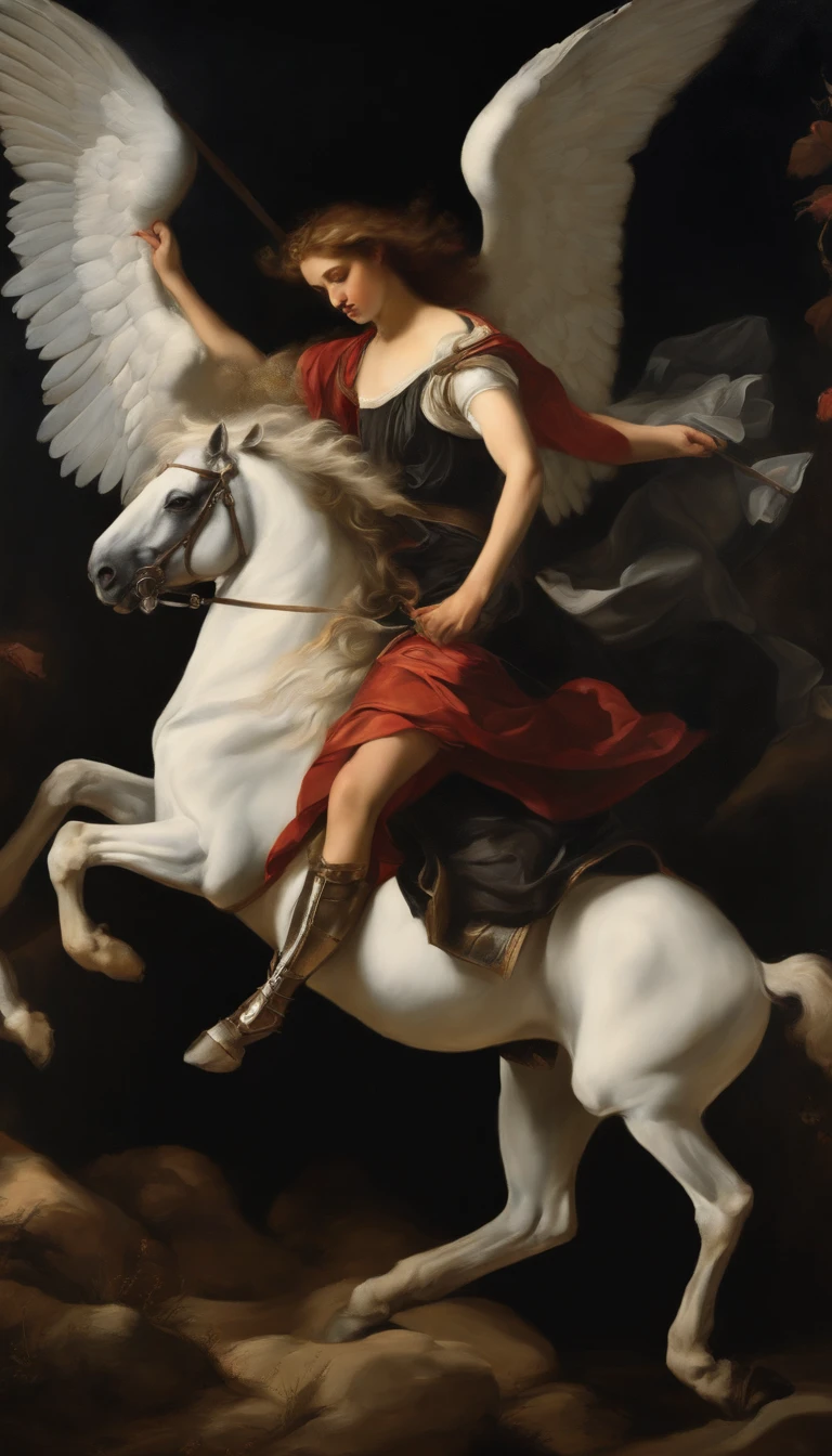 an oil painting,, A breathtaking masterpiece, Vivid,  Caravaggio, 8K，angelicales，Lots of people，Fallen Angel，female knight riding a black horse，and an angel，looking left，White Angel