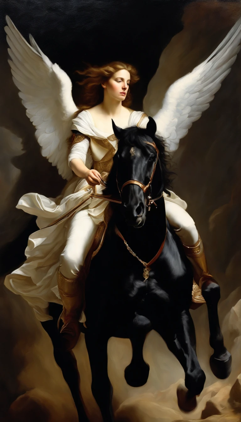 an oil painting,, A breathtaking masterpiece, Vivid, Caravaggio, 8K,angelicales,Lots of people,Fallen Angel,female knight riding a black horse,and an angel,looking left,White Angel