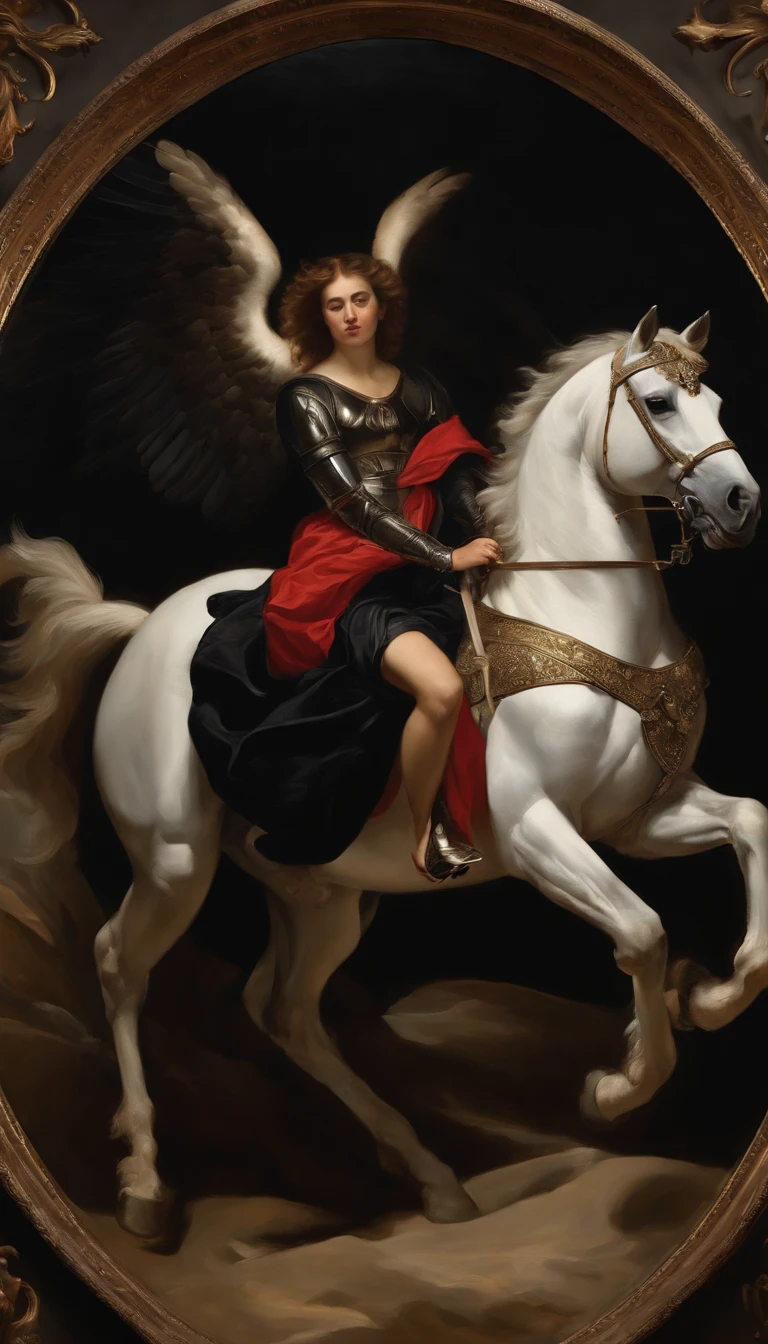 an oil painting,, A breathtaking masterpiece, Vivid, Caravaggio, 8K,angelicales,Lots of people,Fallen Angel,female knight riding a black horse,and an angel,looking left,White Angel