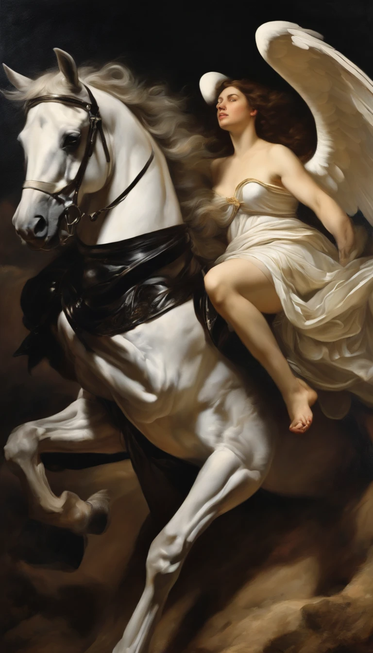 an oil painting,, A breathtaking masterpiece, Vivid, Caravaggio, 8K,angelicales,Lots of people,Fallen Angel,female knight riding a black horse,and an angel,looking left,White Angel