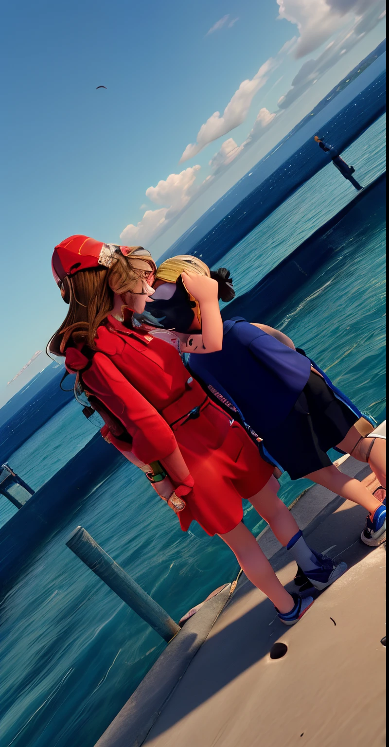 there is a couple standing on a pier by the water, profile pic, vacation photo, profile image, on the ocean, reddit post, profile picture 1024px, all red, colored photo, profile picture, wearing red clothes, profile shot, photo taken in 2 0 2 0, on the sea, very very low quality picture