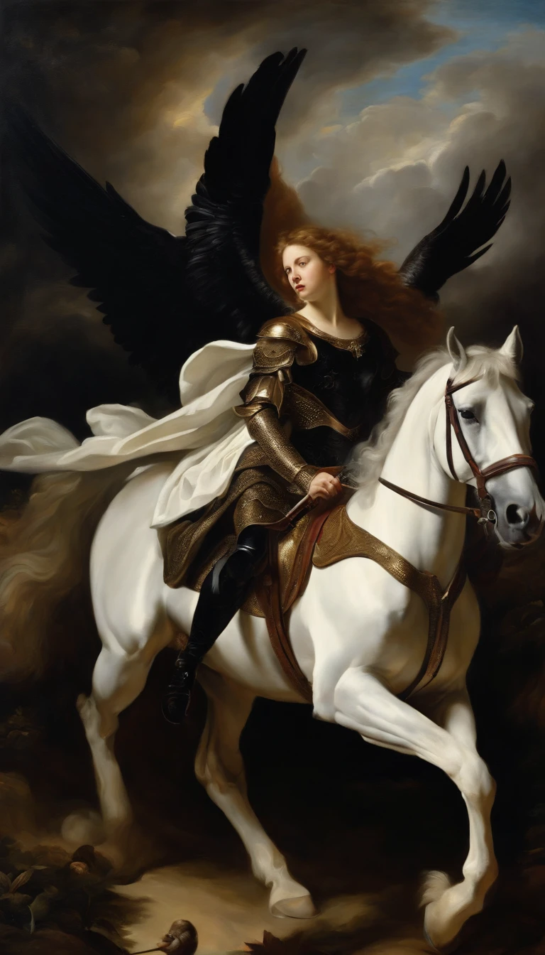 an oil painting,, A breathtaking masterpiece, Vivid,  Caravaggio, 8K，angelicales，Lots of people，Fallen Angel，female knight riding a black horse，and an angel，looking left，White Angel