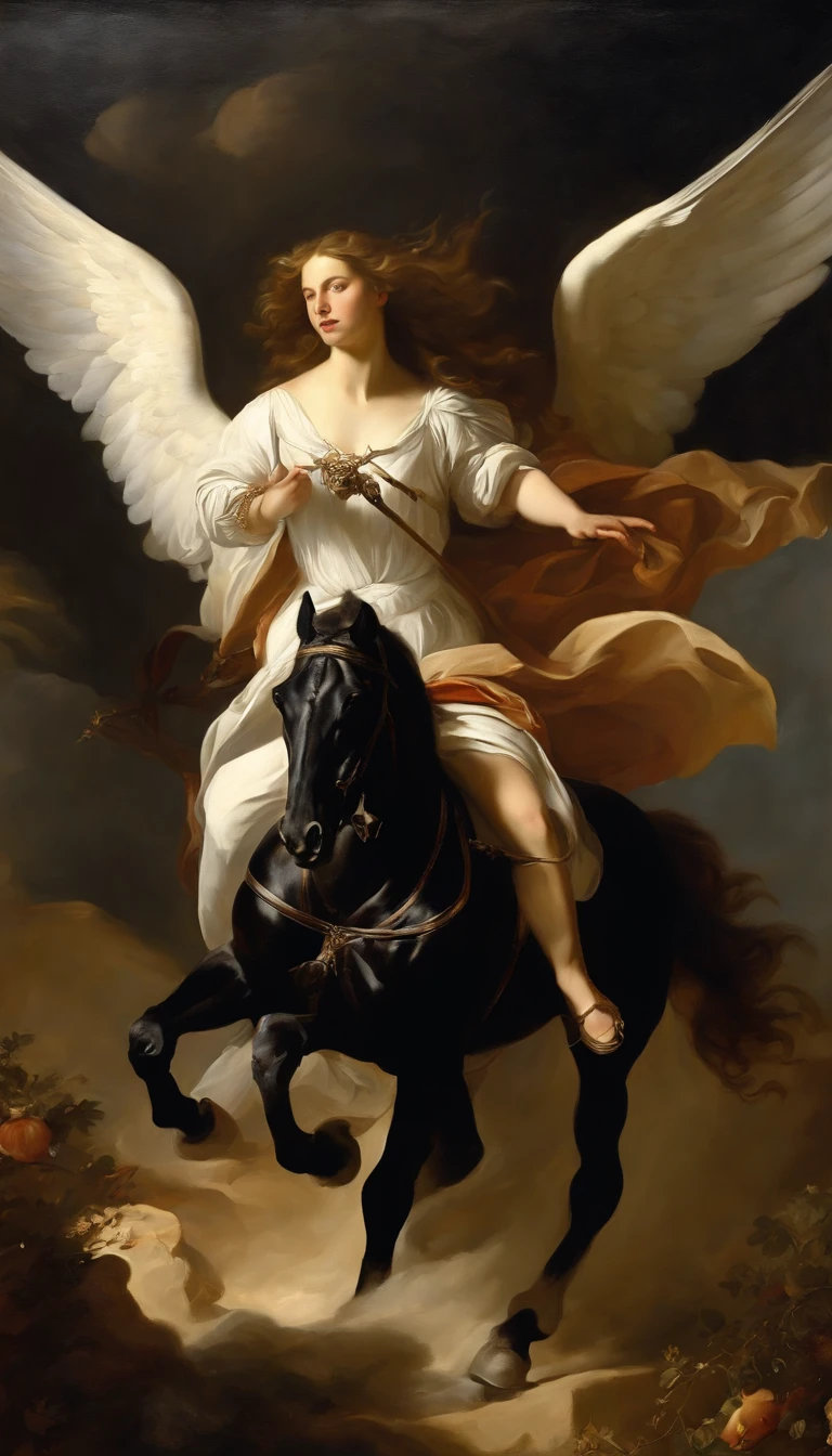 an oil painting,, A breathtaking masterpiece, Vivid,  Caravaggio, 8K，angelicales，Lots of people，Fallen Angel，female knight riding a black horse，and an angel，looking left，White Angel