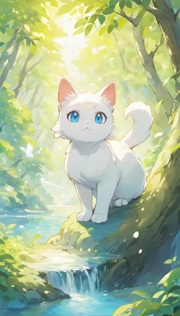 White cat、Blue eyes、sidelong glance、Inside a fantastic forest with a large lake in the background、Elegance、narrow her eyes、Fantastical、hali々and has、Condescending、Go straight towards the tree branch