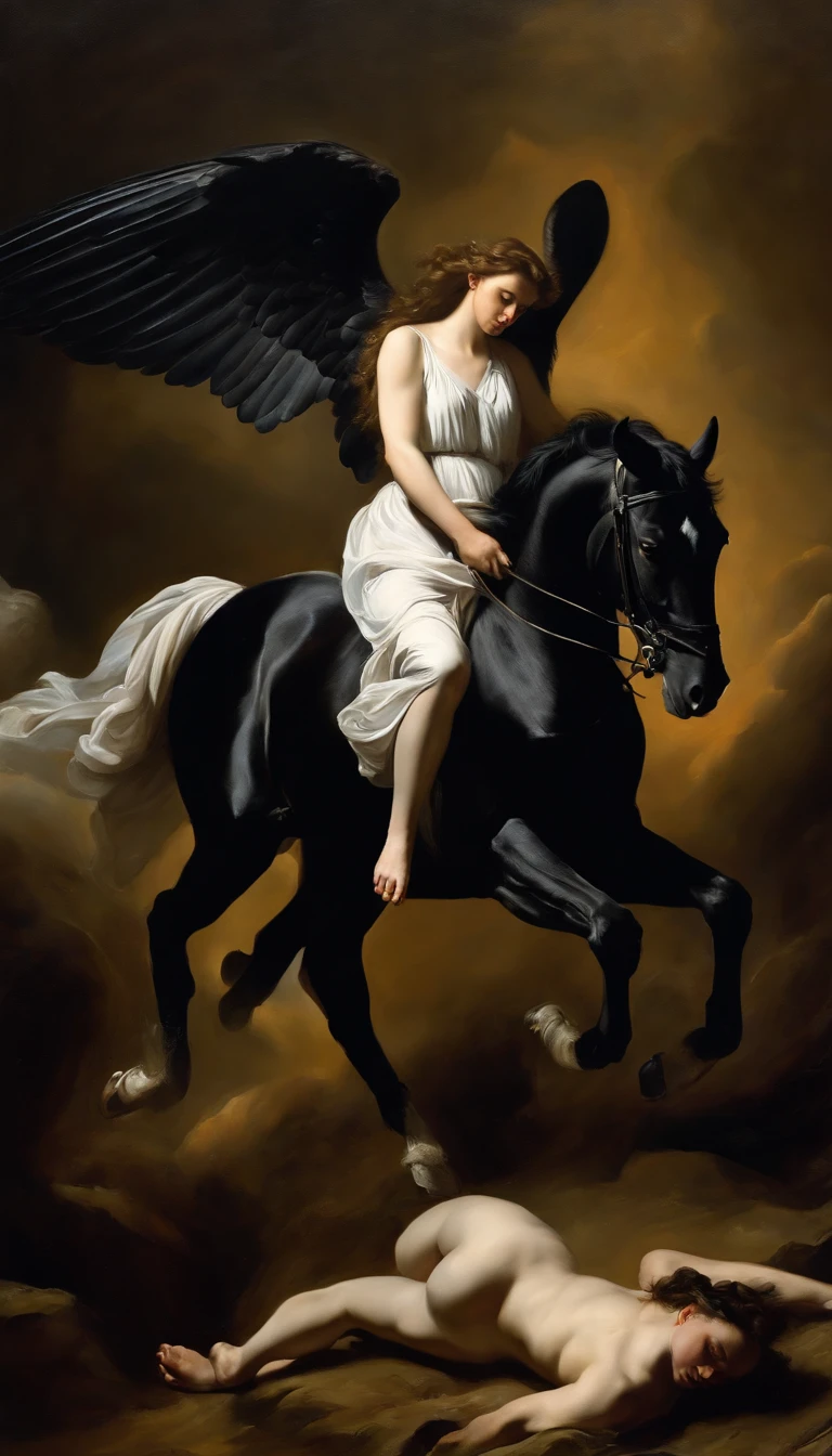 an oil painting,, A breathtaking masterpiece, Vivid,  Caravaggio, 8K，angelicales，Lots of people，Fallen Angel，fallen angel riding a black horse，and an angel，looking left，White Angel