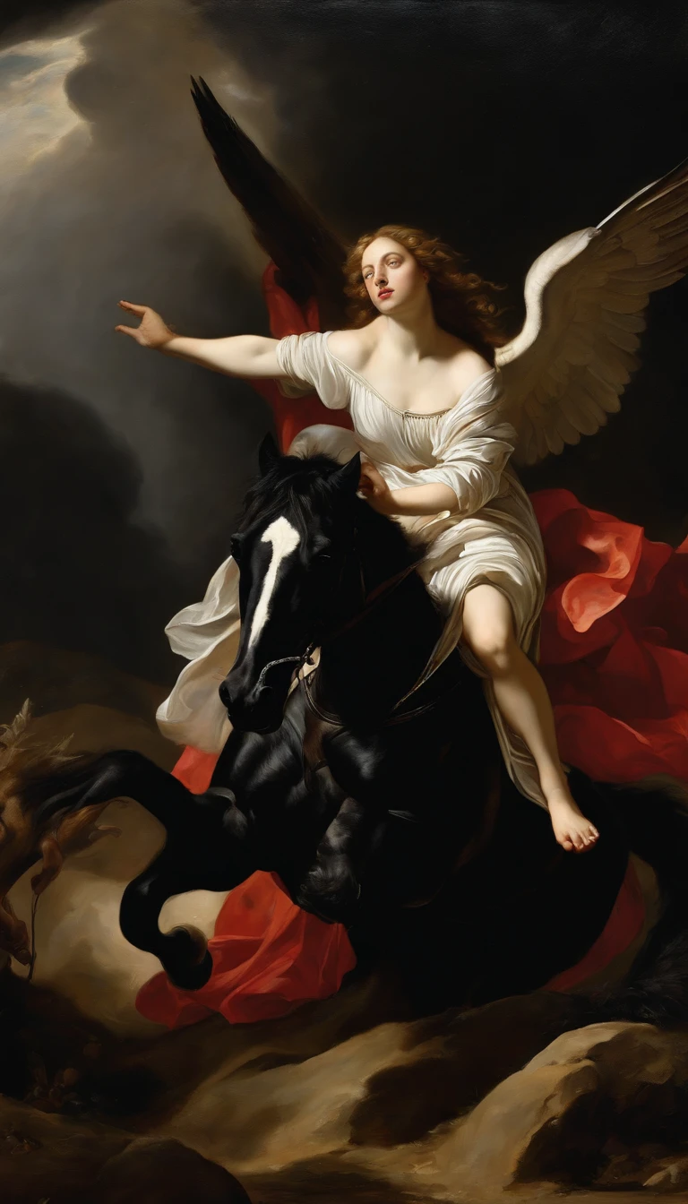an oil painting,, A breathtaking masterpiece, Vivid,  Caravaggio, 8K，angelicales，Lots of people，Fallen Angel，fallen angel riding a black horse，and an angel，looking left，White Angel