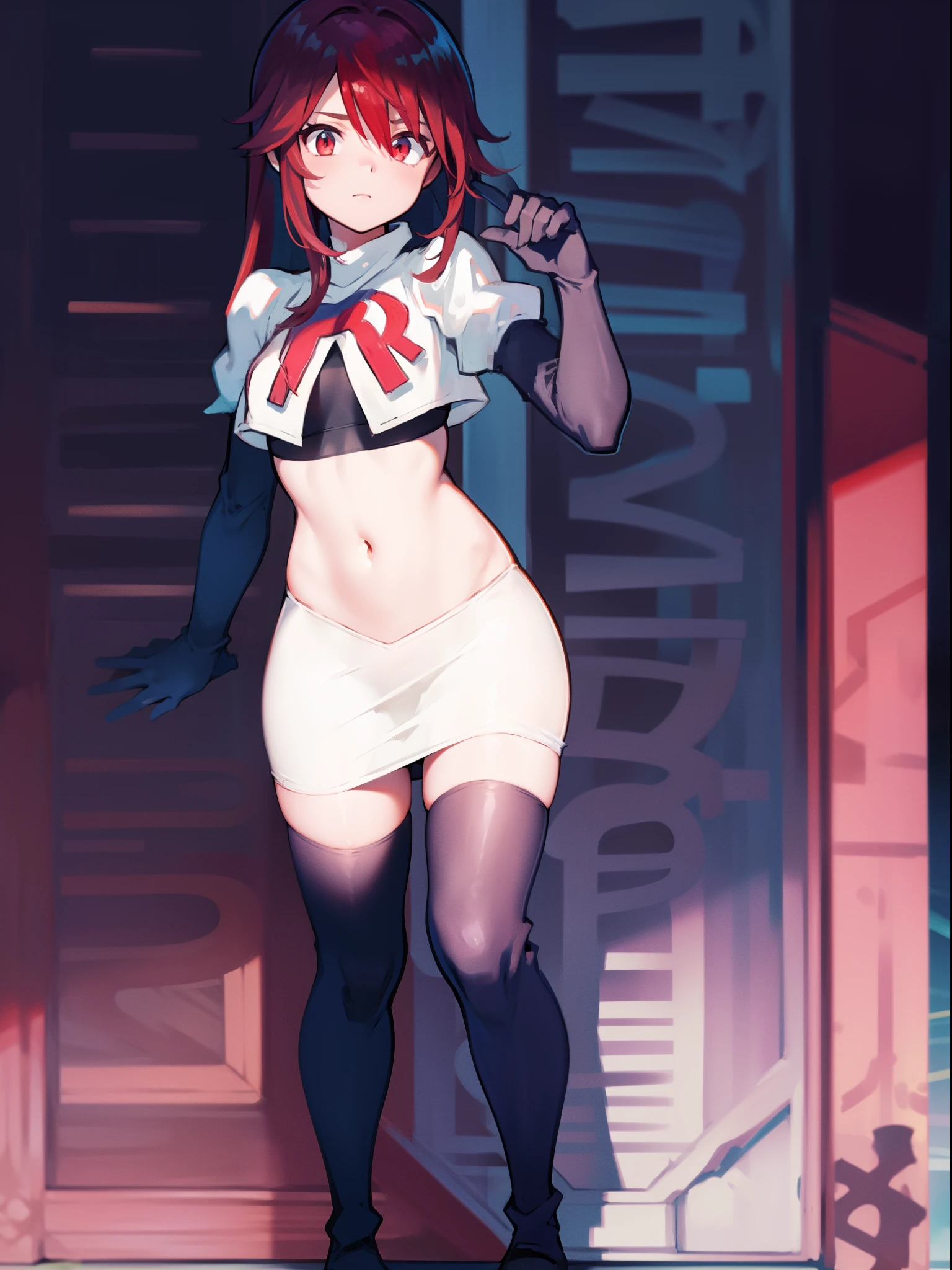 rosariarnd, team rocket,team rocket uniform, red letter R, white skirt,white crop top,black thigh-highs,black elbow gloves