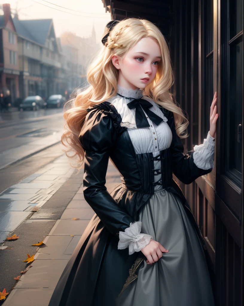 Realistic, 1girl, blonde girl, sophisticated feminine modest ta fashion, long skirt, parted lips, blush, overcast, full skirt, real, portrait, wavy hair, small breasts, victorian village, daytime, foggy, autumn, leaves on the floor, haunted environment, gothic architecture