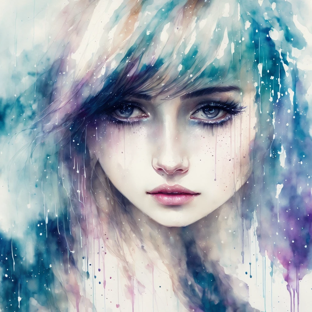 a woman by agnes cecile, luminous design, pastel colours, ink drips, winter lights