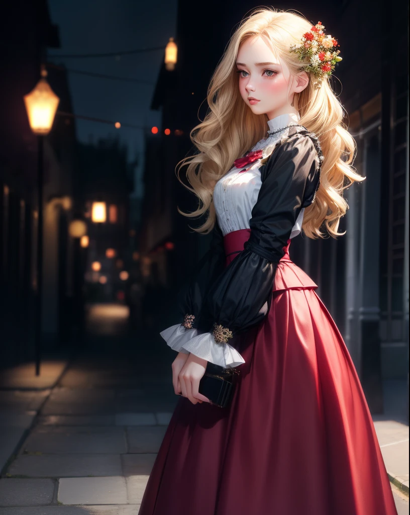Realistic, 1girl, blonde girl, sophisticated feminine modest top, long skirt, parted lips, blush, night, flowers, overcast, modest long skirt, hair, real, warm colors, portrait, wavy hair, small breasts, modest feminine clothes, victorian gothic streets, daytime, foggy, village, ((Red top)), ((Black skirt))