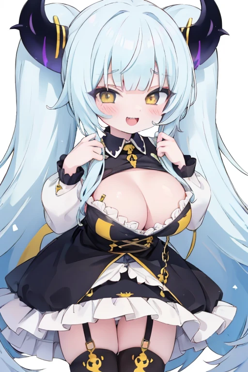 Kawaii Girl,Happy face,sky blue hair,Yellow eyes,Very long straight hair,demonic horns,ultra gigantic tits,Goth  costume,(hardcore,oralsex),Looking at Viewer,White background