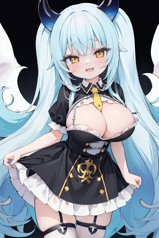 Kawaii Girl,Happy face,sky blue hair,Yellow eyes,Very long straight hair,demonic horns,ultra gigantic tits,Goth loli costume,(hardcore,oralsex),Looking at Viewer,White background