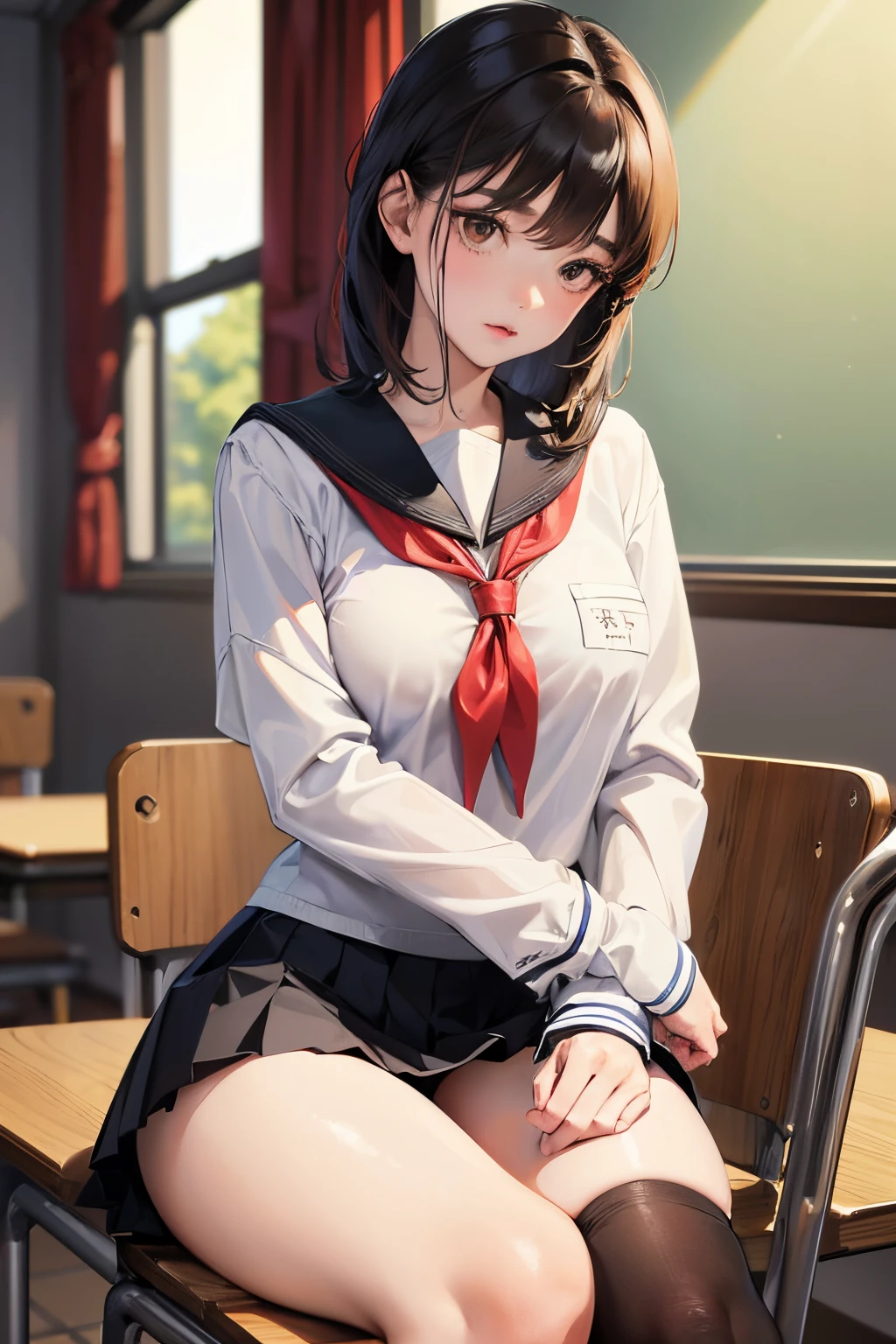 NSFW, (((photographrealistic))), (Shiny skin), (in 8K,Wallpaper, High resolution), Perfect Anatomy, Cinematic lighting, Physically-based rendering, Award-winning, highlydetailed skin, extra detailed face, Eyes with beautiful details, Carl Zeiss 85mm F/1.4, 1 man and 1 girl, a couple:1.5,  Japan schoolgirl, sitting in the chair, (Black hair, Brown eyes, Round face), School blouse with ribbon, Navy Pleated Skirt Lift, Navy High Socks,Spread legs, Thigh Focus, In the classroom, (One man is a student, A student is hugging a girl from behind:1.5), student clothes, Student touching girl's panties:1.5, [Full body shot], Shot from below,