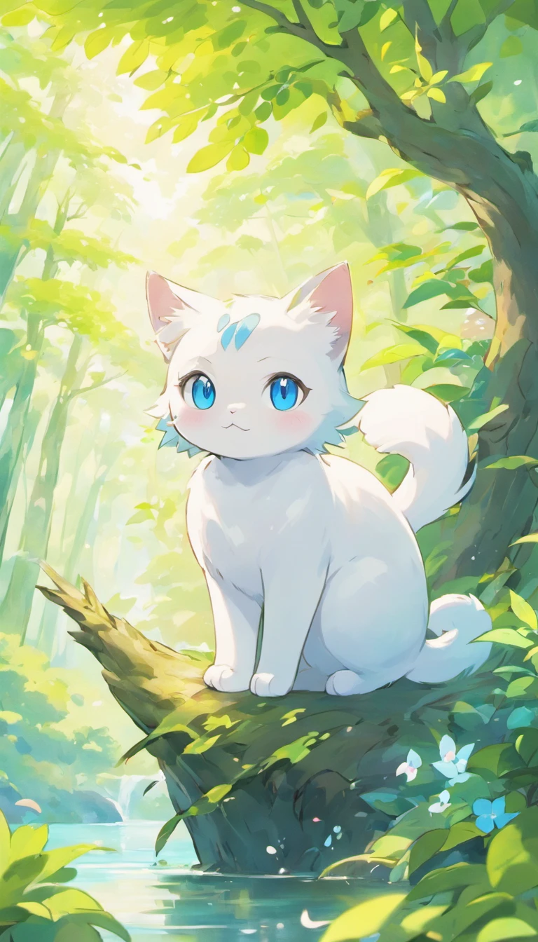 White cat、Blue eyes、sidelong glance、Inside a fantastic forest with a large lake in the background、Elegance、narrow her eyes、Fantastical、hali々and has、Condescending、Go straight towards the tree branch