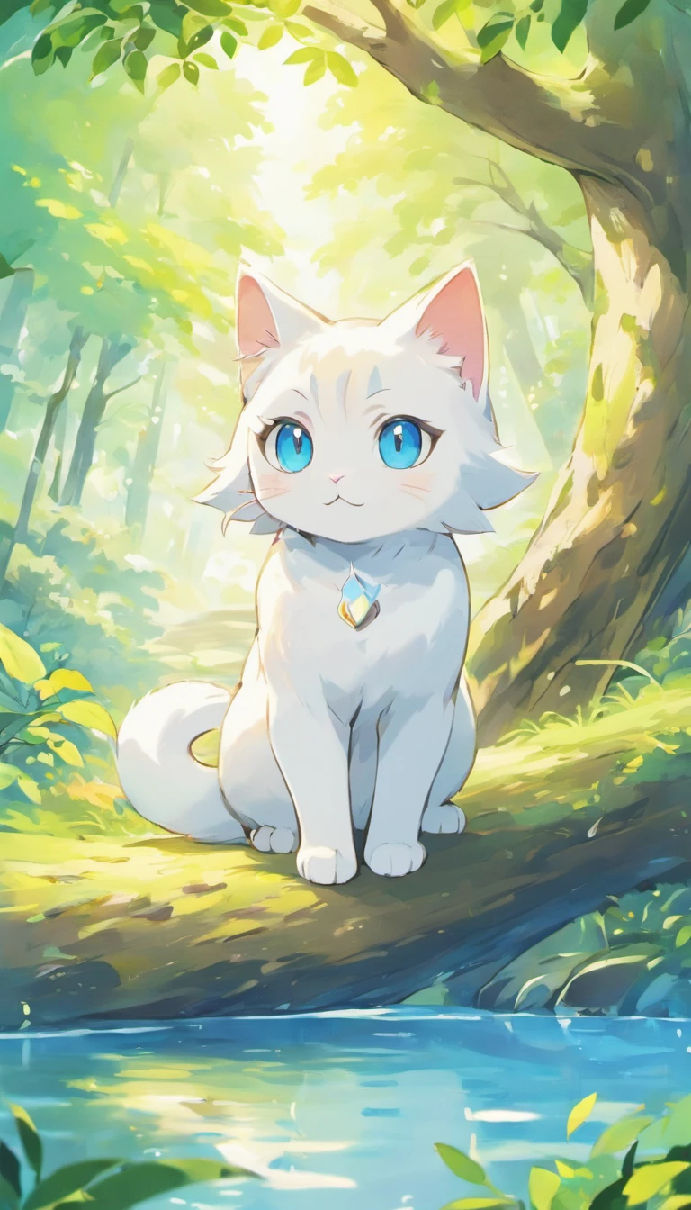 White cat、Blue eyes、sidelong glance、Inside a fantastic forest with a large lake in the background、Elegance、narrow her eyes、Fantastical、hali々and has、Condescending、Go straight towards the tree branch