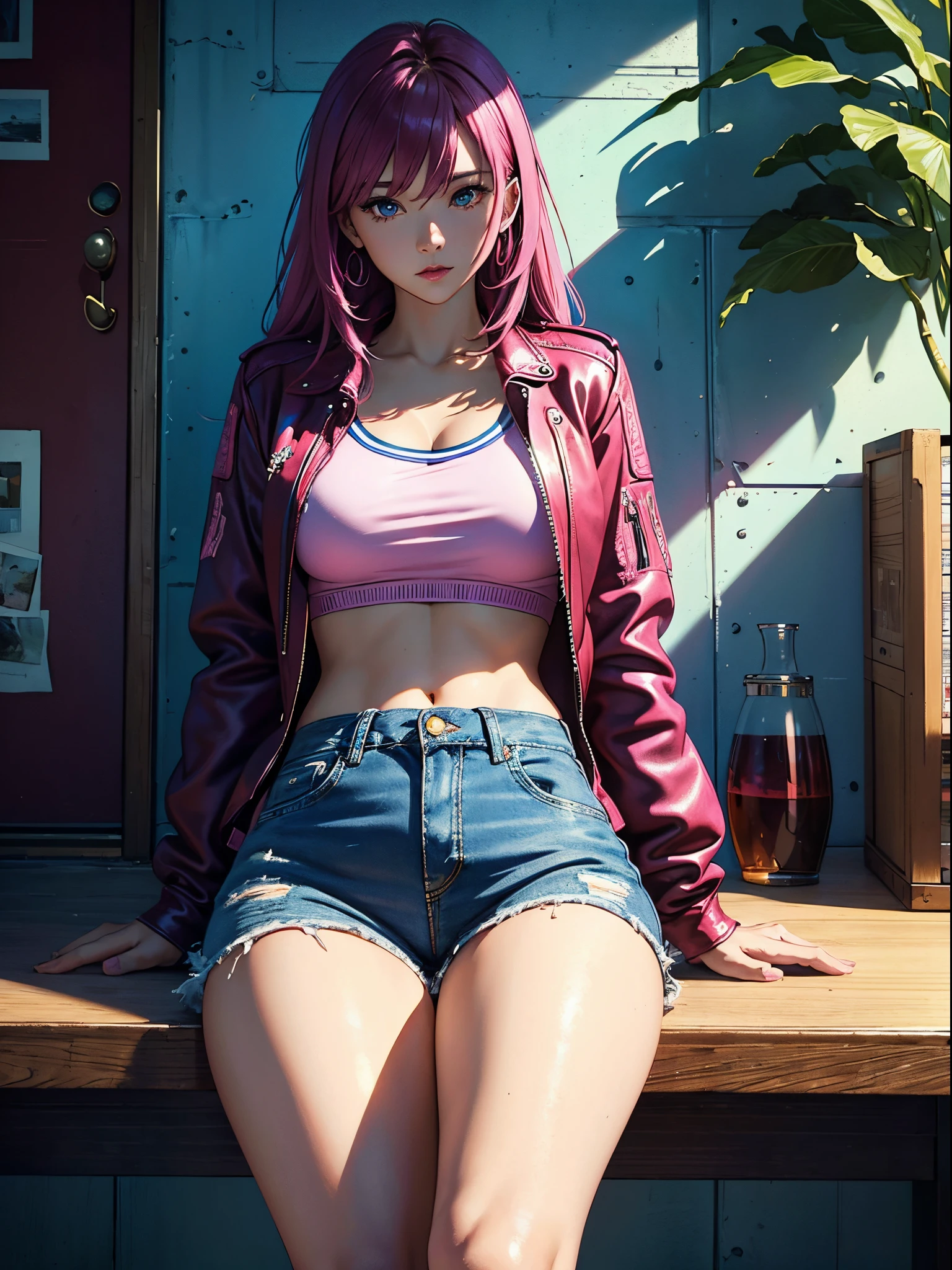 magenta tone、Vibrant colors、((masterpiece)))、(((top-quality)))、((ultra-detailliert))、(A hyper-realistic)、(highly detailed CGillustration)、Official art、CD cover、It will be、Mid summer、Stylish、glorious 1980s、Cool Beauty、cochetti gorgeous、matchless beauty、leather jackets、jeans、Female Solo、Perfect Angle、perfect-composition、